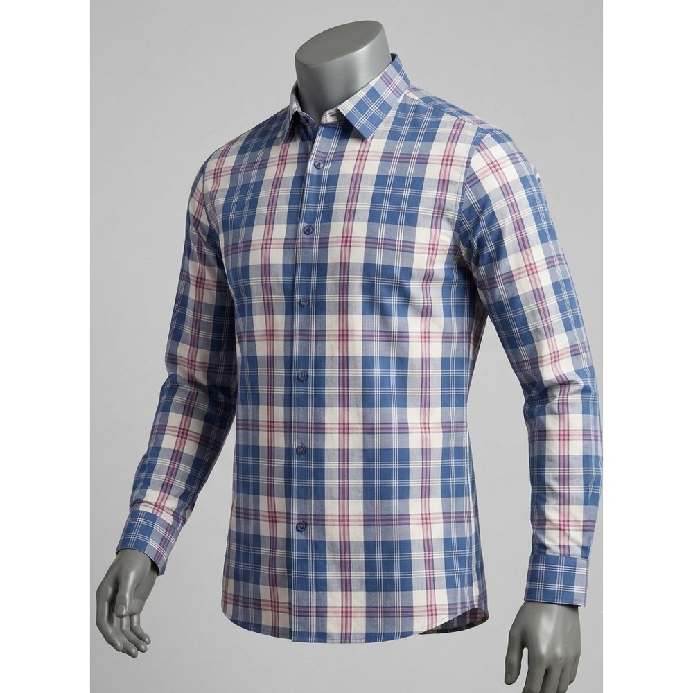 Bachrach Mens Navy Cream and Pink Plaid Cotton Long Sleeve Weekend Shirt Size LG